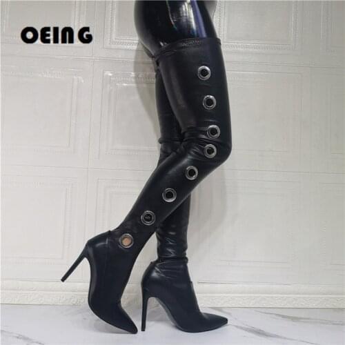 2021 Winter Over The Knee Women Boots Metal Circle Stretch Leather High Heel Slip on Shoes Pointed Toe Woman Long Boots Size 46