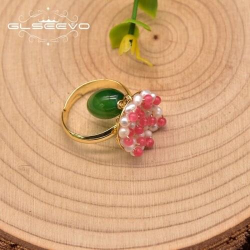 GLSEEVO Handmade Natural Freshwater Pearl Female Adjustable Green Agate Ring Birthday Party Gift Jewelry Fashion Jewelry GR0276A