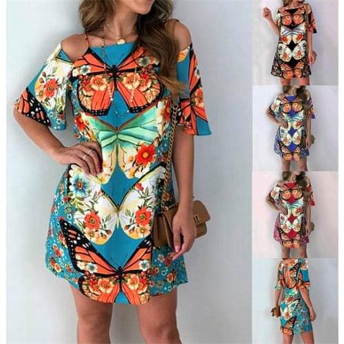Women Summer Casual Loose Butterfly Printed Short Sleeve Dress Female Sexy Hollow Back off Shoulder Sundress