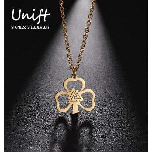 Unift Lucky Clover Stainless Steel Necklace For Women Gold Plated Pendant Valknut Wicca Choker Engagement Jewelry Birthday Gifts