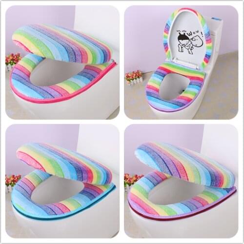 2PCS/SET Colorful Rainbow Stripe Thermal Zippered Toilet Seat Cushion Bathroom Potty Set Toilet Seat Cover O Ring Toilet Set Mat