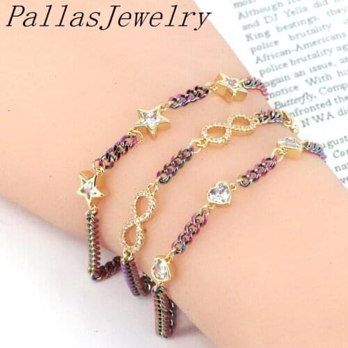 5Pcs Hot New Curb Link Chain Bracelets For Women Heart Star Charm Bracelet CZ Cubic Zirconia Wholesale Jewelry Gifts