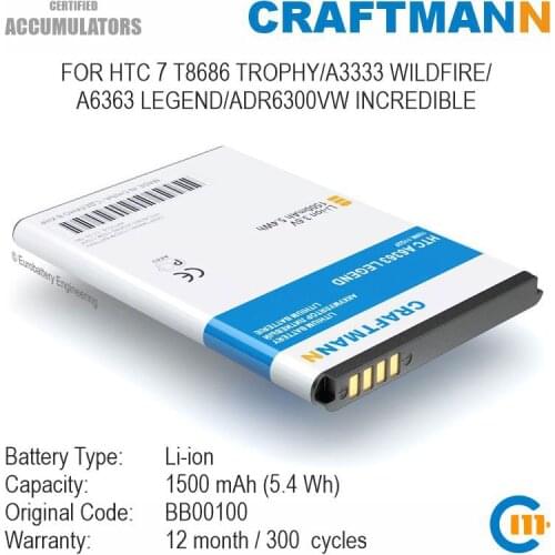 Craftmann Battery for HTC 7 T8686 TROPHY/A3333 WILDFIRE/A6363 LEGEND/ADR6300VW INCREDIBLE (BB00100)