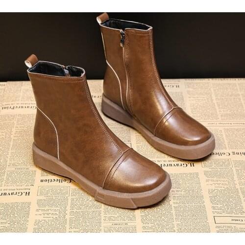 Winter PU Leather Ankle Boots Women Shoes Zipper Round Toe Fashion Chelsea Boots Platform Shoes Female Ankle Boots Plus Size