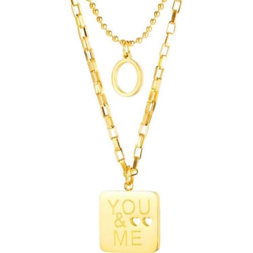 FAMI Double layered necklace with English letters love YOU&ME simple and fashionable small square brand titanium steel Pendants