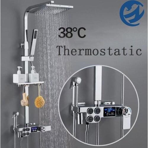 H-Quality All Brass Chrome Thermostatic Digital Display Shower Faucet Set Bidet Faucet Water Flow Power Generation Shower Set