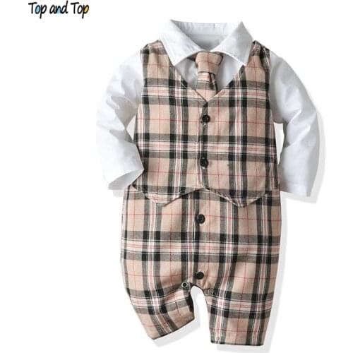 Top and Top Fashion Infant Boys Gentleman Romper Clothes One Piece Long Sleeve Cotton Patchwork Plaid Bow Tie V-neck Jumpsuit
