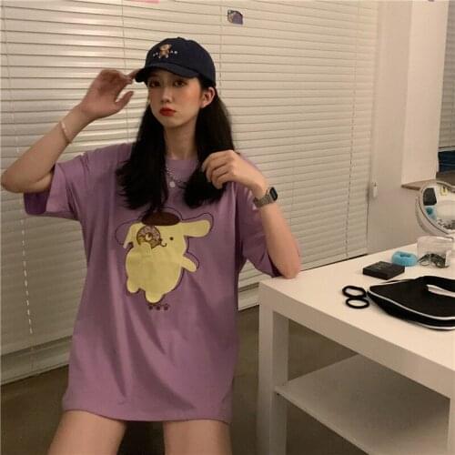 Summer cotton long T-shirt in indiana home-made cartoon embroidered female round collar commute T-shirt