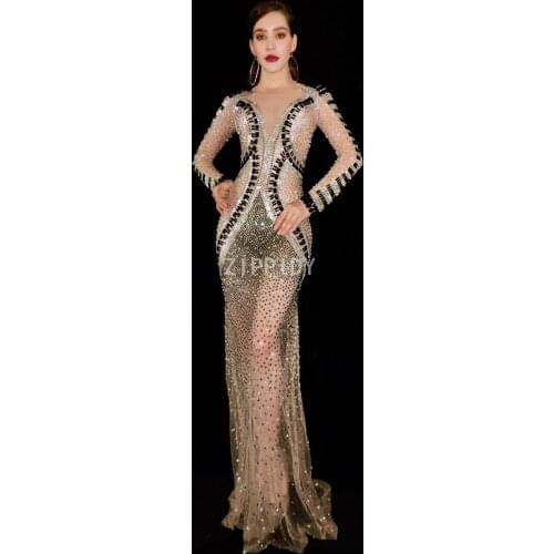 Fashion See Through Silver Black Rhinestones Dress Bar Birthday Celebrate Dress Prom Dance Mesh Outfit Women Singer Dresses