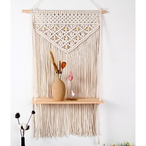 Boho Macrame Wall Hanging Shelf Handmade Woven Tassel Tapestry Rack Wood Organizer Wall Floating Hanger for Home Decor