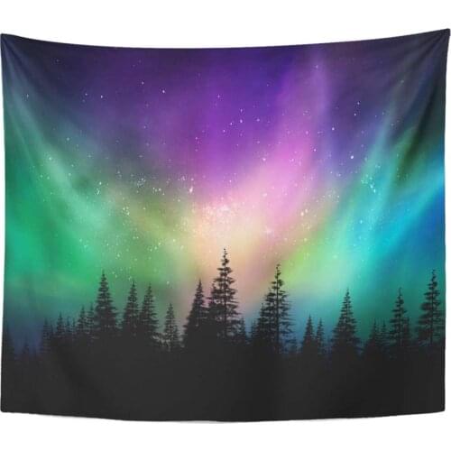 Wall Hanging Colorful Canada Multicolored Northern Lights Aurora Borealis on Canadian Forest 50" x 60" Tapestry Home Decor Art