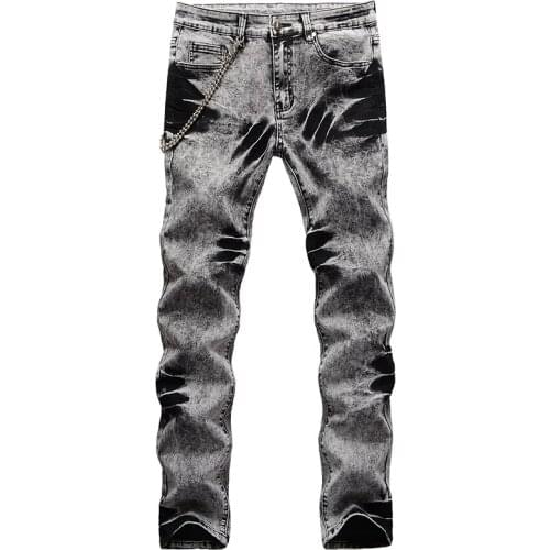 New Mens male Tie and Dyed Snows Washed Gray Black Jeans with Chain Streetwear Hip Hop Slim Straight Denim Pants trousers 1076
