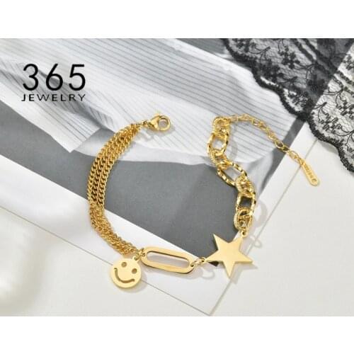 New Fashion Smiley Women Bracelets Five Pointed Stars Cute Bracelet Stainless Steel Bead Chain Gift For Girls As Wedding