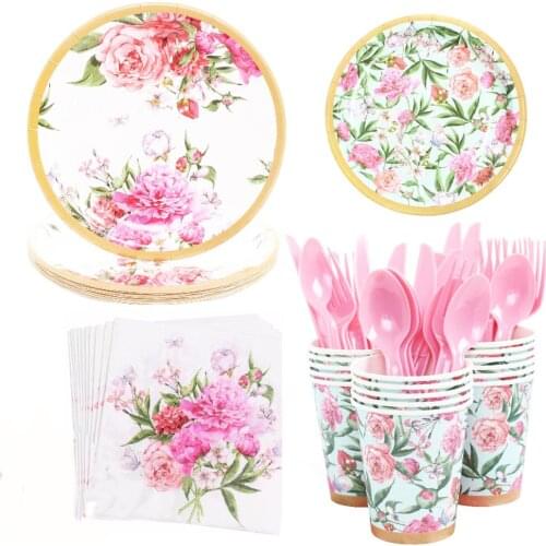 High Quality Hawaiian Garden Party Disposable Tableware Flower Plate Paper Cup Napkin Summer Birthday Wedding Party Supplies