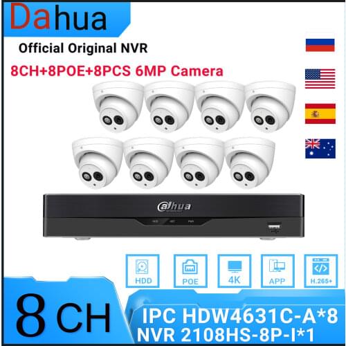 Dahua Original Kit 8PCS HDW4631C-A IP Camera 6MP Built-In Mic SD Card Slot + NVR2108HS-8P-I WizSense Network Video Recorder 4POE