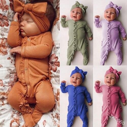 Newborn Baby Boy Girl Long Sleeve Ruffles Solid Color Cotton Footies Headband 2PCS Sleepwear Baby Clothes