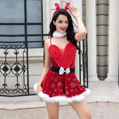 Sexy Christmas Girl Costume Dress Skirt Headdress Collar Belt T-Back Red Womens Santa Baby Costumes sexy feminina christmas costume Xmas Gifts Erotic Apparel