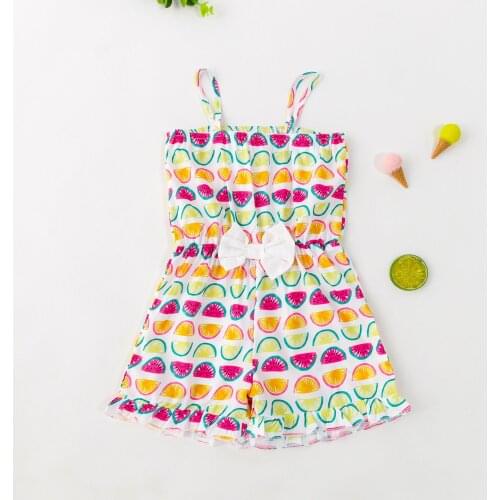 Summer Sweet Children Fruit Print Short Romper Girls Sleeveless Ruffle Hem Elastic Waist Bow-knot Decoration Sling Jumpsuit