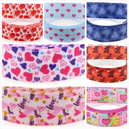 5/8"16mm Heart Patterns Printed Fold Over Elastic Ribbon Love Series DIY Valentines Day Gift Packing Stuffs 50yards/roll