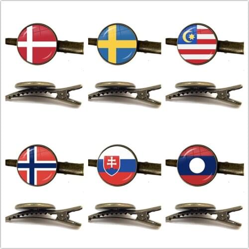 Malaysia, Laos, Denmark, Norway, Sweden, Slovakia National Flag Antique Bronze 16mm Glass Cabochon Tie Clip Jewelry Gift