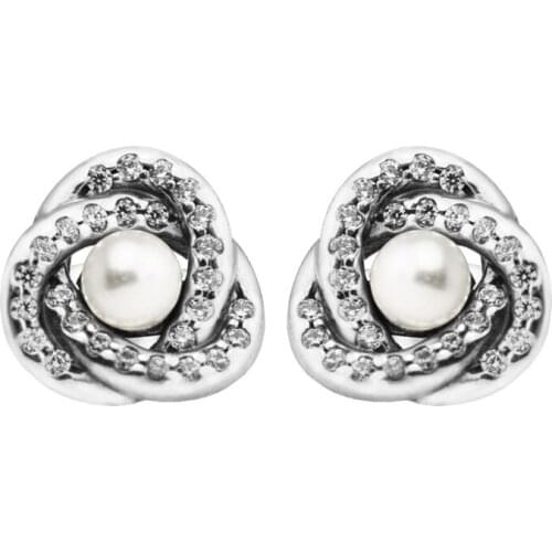 Luminous Love Knots Stud Earrings 925 Sterling Silver Jewelry White Pearl Women Earrings Clear CZ Crystal Stone Earrings Jewelry