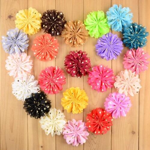 20pcs/lot Multicolor Ruffled Gold Dots Chiffon Flowers Handmade Tulle Puff Hair Flower For Girls DIY Hair Accessories A128