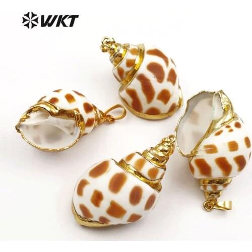 WT-P319 Wild Coast Jewelry Pendant Natural Trumpet Shell With Gold Trim Pendant For Women Sea Side Jewelry