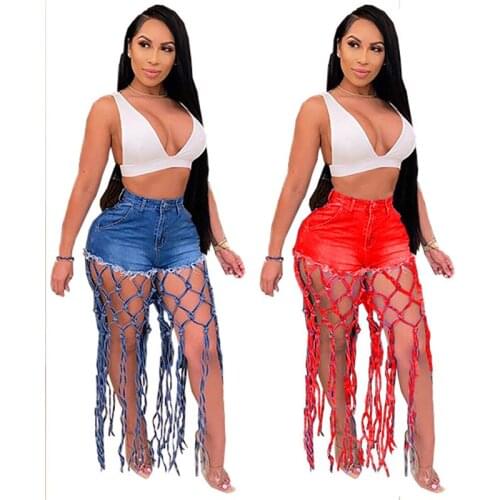 2021 Summer Hollow Out Knotted Denim Shorts For Women Casual High Waist Ladies Sexy Denim Hot Short Pants