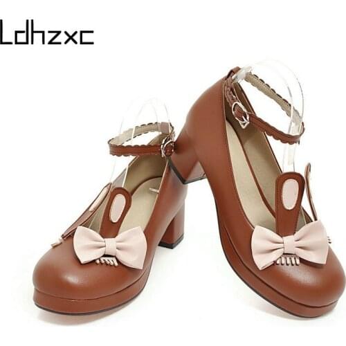 LDHZXC Women Pump Sweet Female Single Shoes Roune Toe Ankle Strap Buckle Med Heels Girls Cosplay Shoes Japanese Style