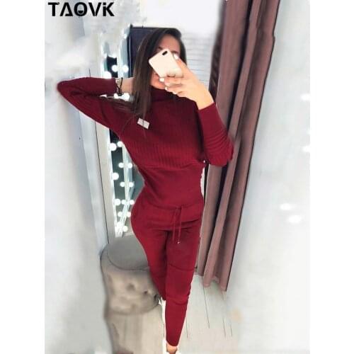 TAOVK autumn winter womens Knitted tracksuit solid color turtleneck knitted pullover sweater and pocket pants two piece set