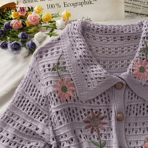WYWM Vintage Hollow Out Short Knitted Cardigans Sweater Women 2021 Chic Embroidery Floral Coat Kawaii Peter Pan Collar Tops