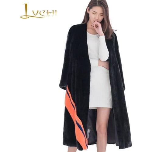 LVCHI Winter 2019 USA Imported Crown Swan Velvet Mink Womens Natural Fur Coat Mink Coats Print Line Slim Medium Mink Fur Coats