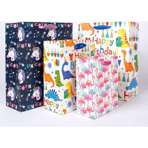 10pcs Cartoon Dinosaur Flamingo Unicorn gift bags with Handles and Tags Birthday Wedding Gift Boxes Festival Party Supply