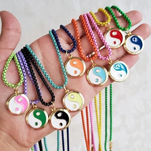5Pcs Summer Beach Jewelry Gold Plated Neon Enamel Rainbow Yin Yang Pendant with Enamel Box Chain Necklace 2021