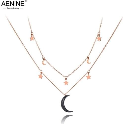 AENINE Neo-Gothic Stainless Steel Double Layer Star & Moon Choker Necklaces Jewelry Lovely Pendant Necklace For Women AN19164