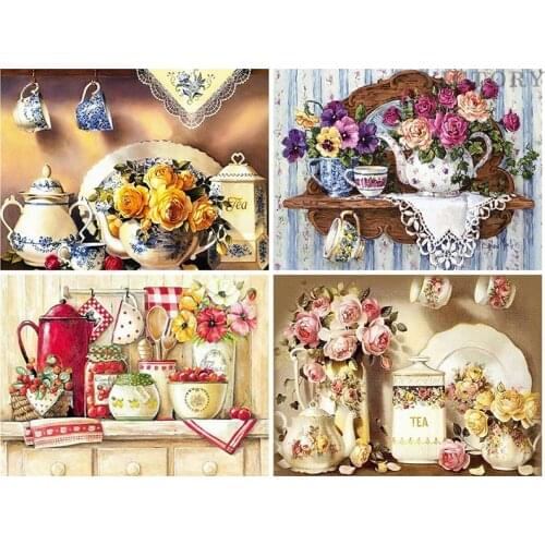 5D Full Drill Square Diamond Painting Bloemen French Kitchen Diamond Embroidery Flowers Needlework Gift Retro Home Decoration