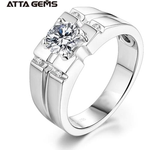 Attagems 925 Sterling Silver Moissanite Ring For Men Wedding 1.0ct Round Moissanite Center Channel Sides Mens Diamond Rings