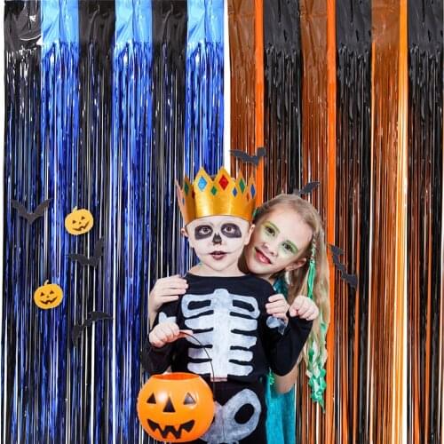 Halloween Party Backdrops Wall Bar Decorations Halloween Black Orange Gold Tinsel Curtain Halloween Decor For Home Backdrop