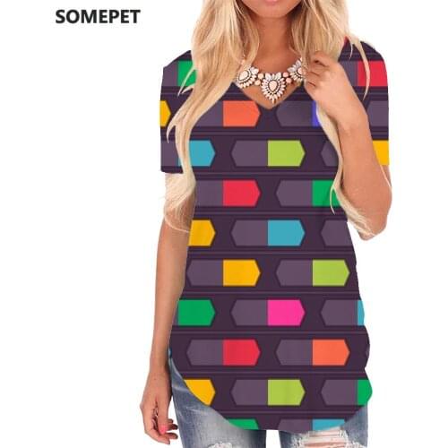 SOMEPET Colorful T Shirt Women Geometry Shirt Print Pattern Tshirts Printed Novel V-neck Tshirt Womens Clothing Summer Loose New