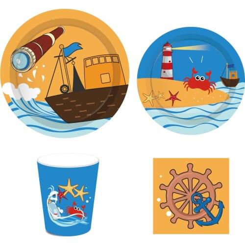 MM078 Disposable Tableware Set Ocean Sailing Party Holiday Party for 8 guests Baby Boy Birthday Party Supplies
