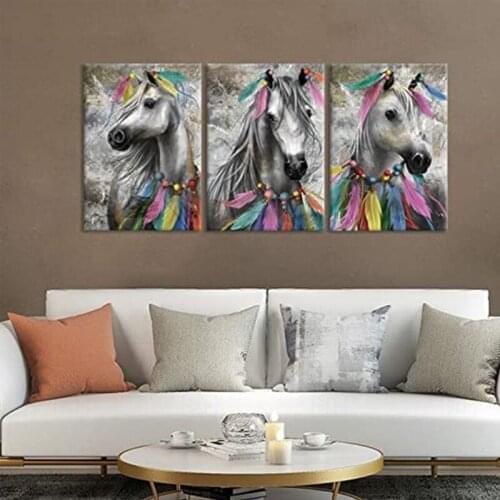 Vintage horses Diamond Painting 3 piece Animals horse Indian Feather diy diamond Embroidery full round Mosaic living roomZP-2539
