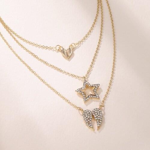 New Fashion Multi Layer Pendants Necklaces for Women Chain Star Wings Heart Gold Alloy Metal Rhinestone Necklace Jewelry Gift