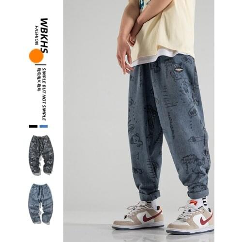 2021 Autumn Men Fashion Baggy Printing Jeans Casual Pants