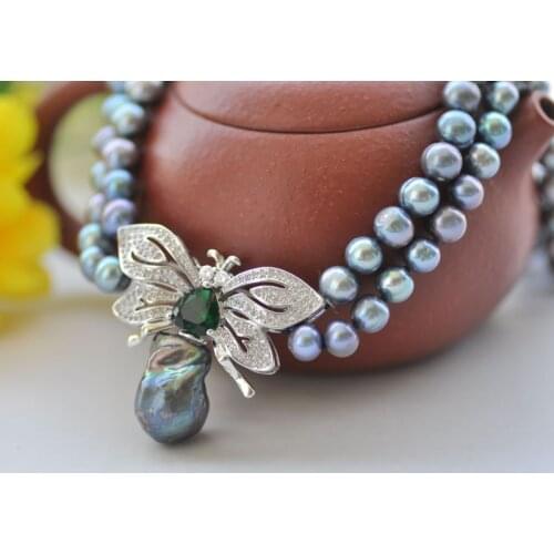 P7154 2Row 18mm Black Round & Keshi Reborn Pearl Choker Necklace Pendant