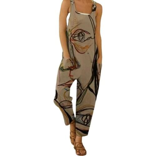Retro Abstract Face Pattern Printed Jumpsuit Loose Cotton Pocket Playsuit Women Sleeveless Casual Strappy Bodysuit Romper