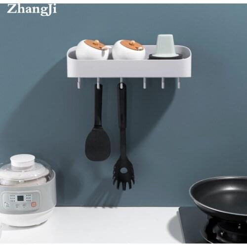 ZhangJi Self-adhesive Kitchen Bathroom Rack Shelf Multi-function storage shelves with hooks powerful Storage Organizer washable