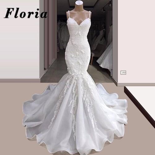 Luxury Spaghetti Straps Wedding Dresses With Mermaid 2021 Kaftans Islamic V Neck Appliques Bride Dress Bridal Gowns Vestido De