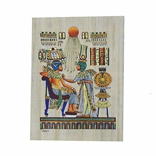 Tut ANK Amón y su Mujer sobre un papiro Original Hecho y Pintado a Mano en Egipto, Mide 33x43 cm Aproximadamente. Ref. 43V-C