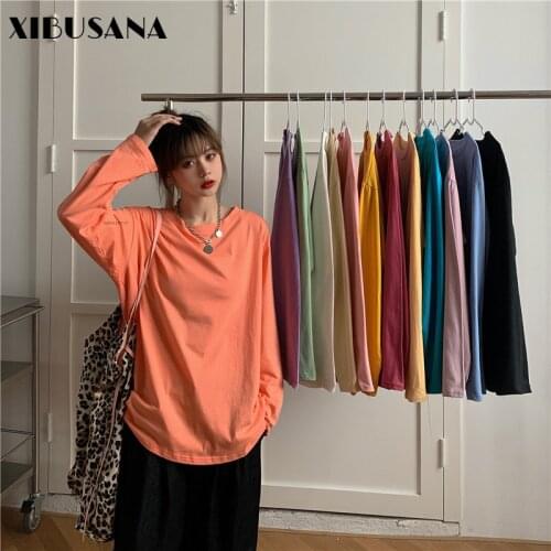 XIBUSANA Womens 2020 Autumn Cotton Long Sleeve T-Shirts Casual Solid O-Neck Harajuku Style Casual Loose Korean Shirt Tops Lady