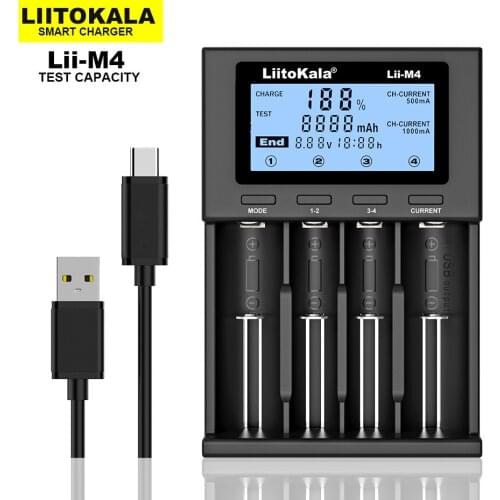 LiitoKala Lii-M4 5V 18650 Charger, LCD Display Universal Smart Charger Test capacity for 26650 18650 21700 18500 AA AAA etc